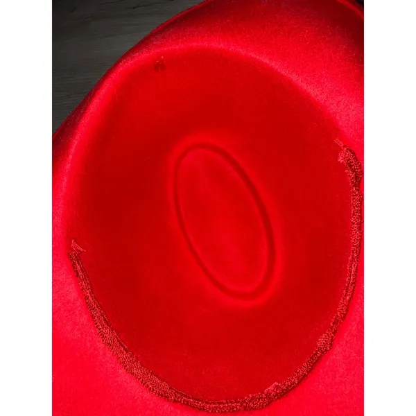 Red Fascinator Hat Feathers Kentucky Derby wide brim fedora brooch pin flowers - Image 4