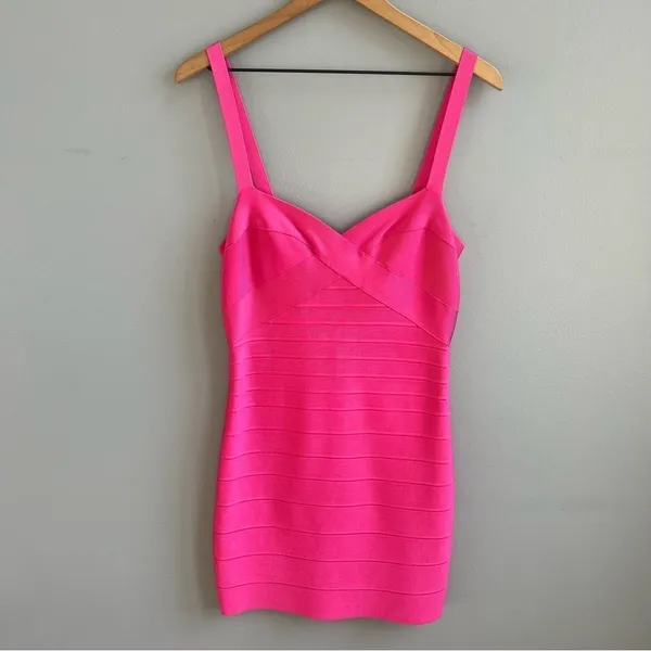 HERVE LEGER Paris Pink Bandage Mini Dress Sweetheart Neckline Hot Pink Bodycon M - Image 4