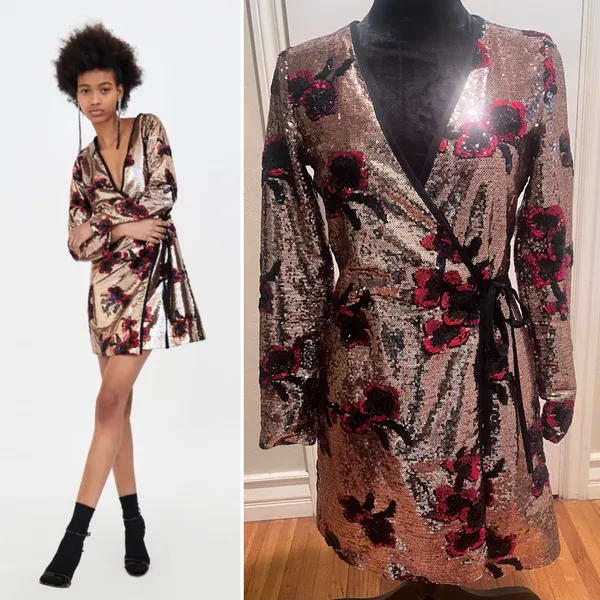 ZARA Gold with Red & Black Floral‎ Sequins Crossover Wrap Mini Dress Size XS - Image 2