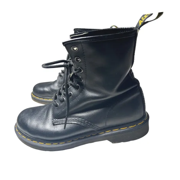 Dr Martens 1460 Combat Boots Black Leather Yellow‎ Stitch Lace Up Women 7 - Image 3