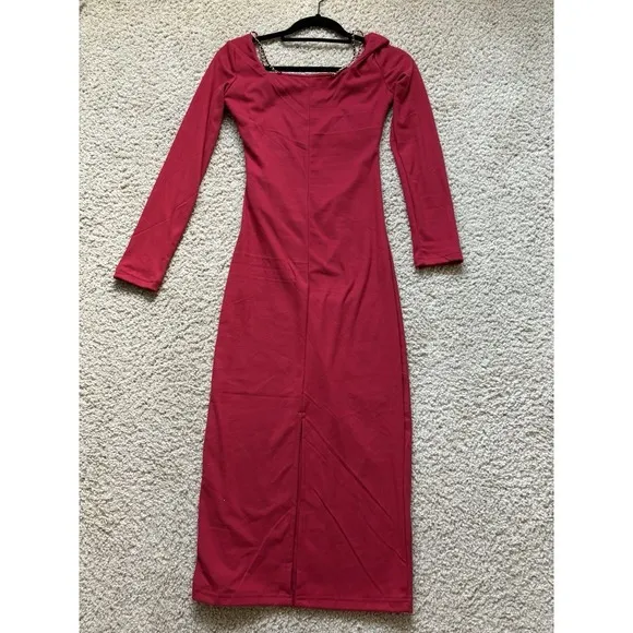 Wine Red Square Neck Midi Dress with‎ Chain Detail, US Size S/XS, Party Slim Fit - Image 5