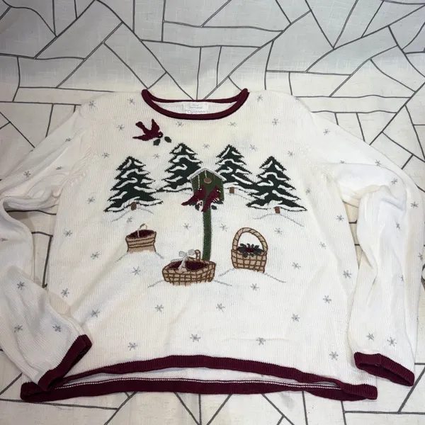 Christopher & Banks Sweater Small White Winter Cardinal‎ Hand Embroidered 2003 - Image 5