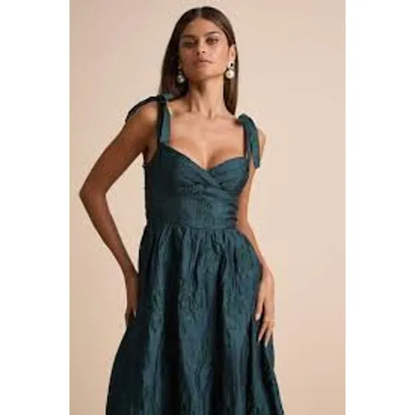 LULU'S Loveliest Muse Midi Dress Dark Teal Burnout Tie-Strap No Size L or XL - Image 2