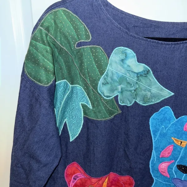 Alfredo's Wife Vintage Denim Tunic‎ Shirt Sz Small Colorful Leopards Folk Art - Image 4