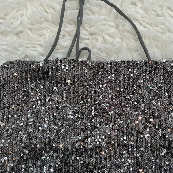 Molly Green Sparkle Crop Top Womens Medium Silver New Sequin Halter Tie Back‎ - Image 2