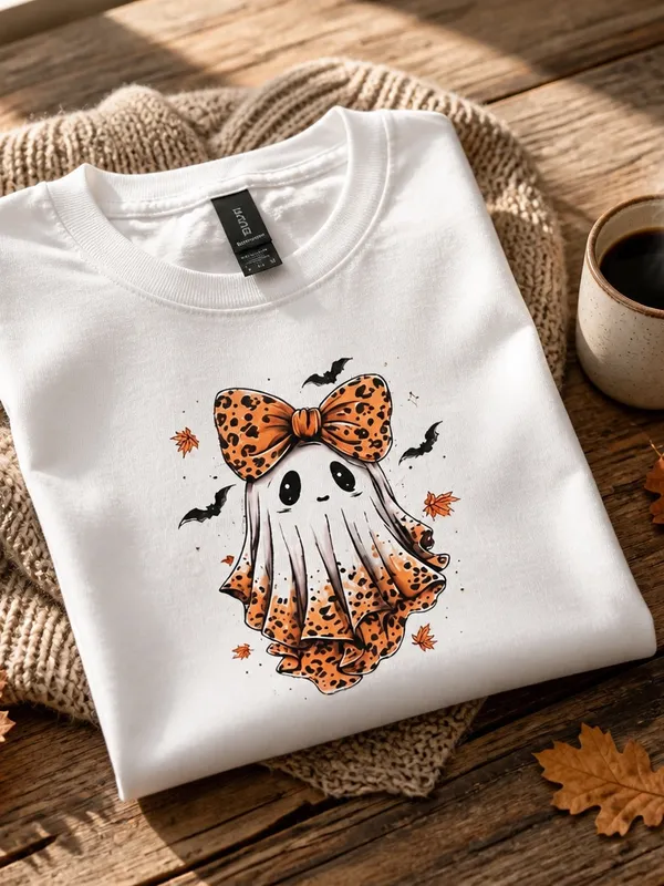 Gildan White Halloween Ghost Bow Tie 100% Cotton T-Shirt Size XL-POD - Image 3