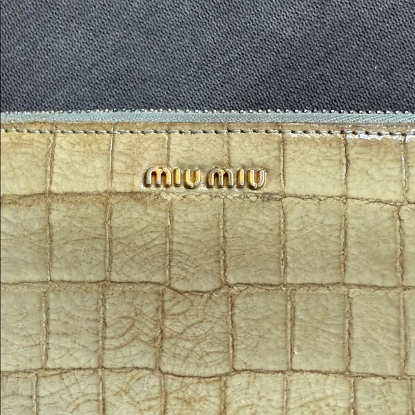 Miu Miu Metallic Gold Croc-Embossed Wallet with light blue interior. - Image 2