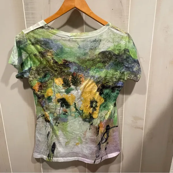 Cute vintage Y2K floral burnout bling top short sleeve mountains wildflower moss - Image 14