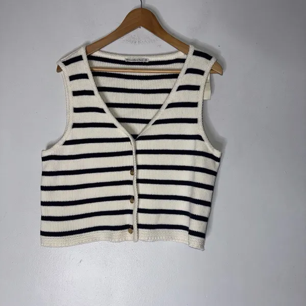 NWT Abercrombie & Fitch‎ Sweater Vest Navy White Striped Knit Button Up XL - Image 2