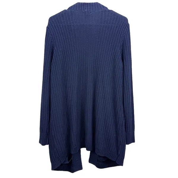 LL Bean Navy Blue Shaker Stitch Cotton Open Cardigan Sweater Pockets Size XL - Image 5