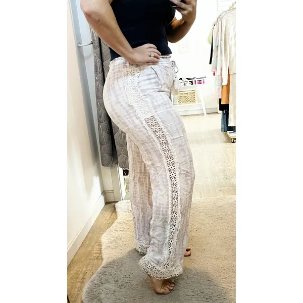 Surf Gypsy Tie Dye Smocked Drawstring Crochet Hem Wide Leg Pants White Purple - Image 2