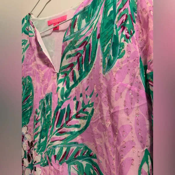 Lilly Pulitzer 92% Silk & metallic Pink& Green Tropical,Leaf Blouse Size S‎ - Image 3