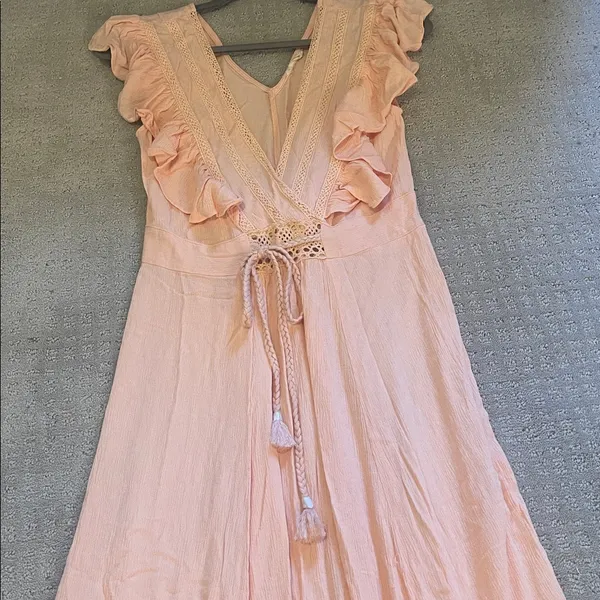 Lovestitch ruffled slit smocked maxi dress tassels new small peach pink rayon - Image 3