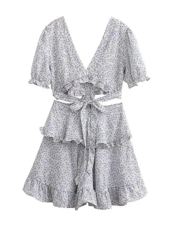 NEW White/Blue Floral Deep V Cutout Waist Ruffled Tiered Dress - Image 6