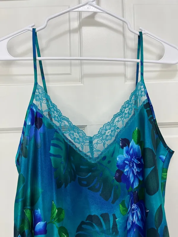 Y2K Tropical Floral & Monstera Leaf Print Satin Slip Dress - Size Large - Image 2