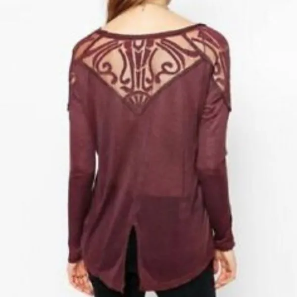 Free People Gatsby Top Embroidered Mesh Maroon Red Medium - Image 2