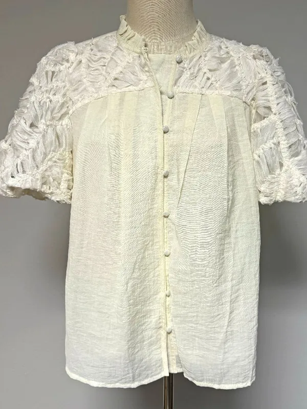 Listicle Textured Shaggy Fringed Puff Sleeve Blouse - Image 3