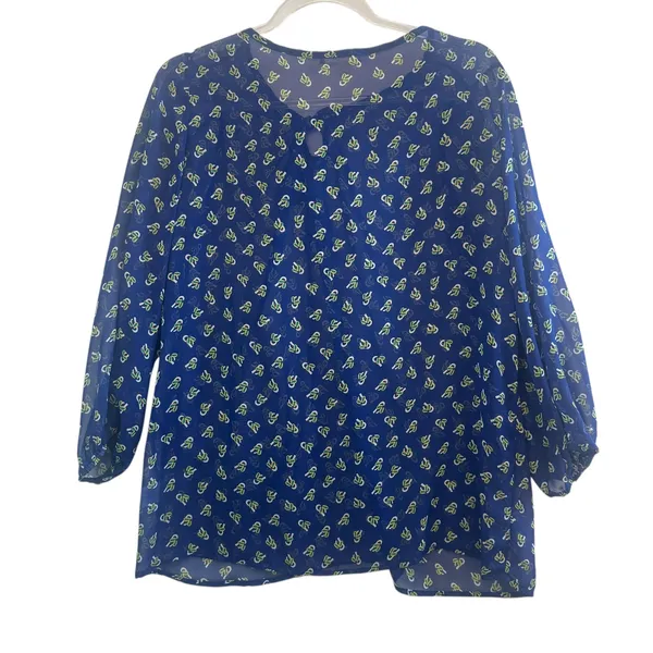DLEIONE Sheer Bow Print Blouse‎ Blue Tie Neck Long Sleeve L Made in USA - Image 2