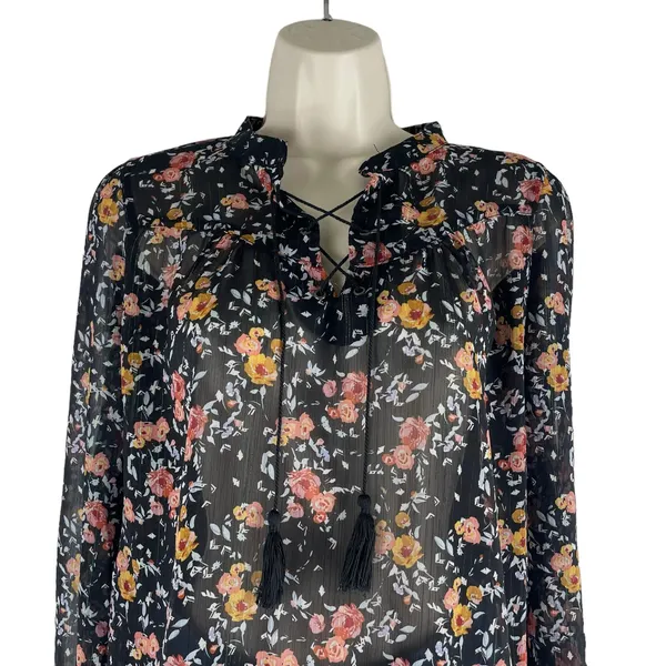 Xhilaration Floral Lace Up Sheer Top Blouse Black Size XS - Image 4