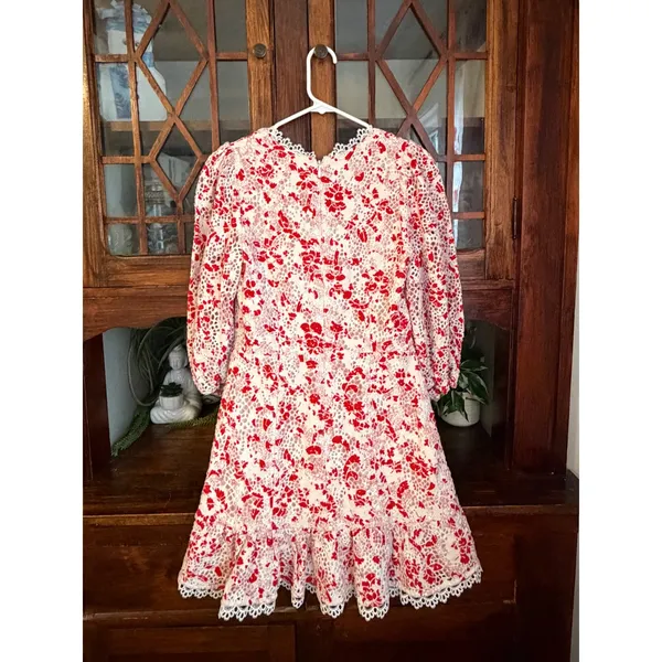 La Maison Talulah Red White Floral Lace Mini Dress V-Neck Puff Sleeve 0406 - Image 3