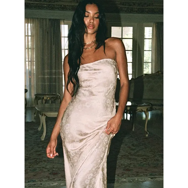 Princess‎ Polly Salvin Strapless Maxi Dress Champagne Floral Jacquard US 6 - Image 5