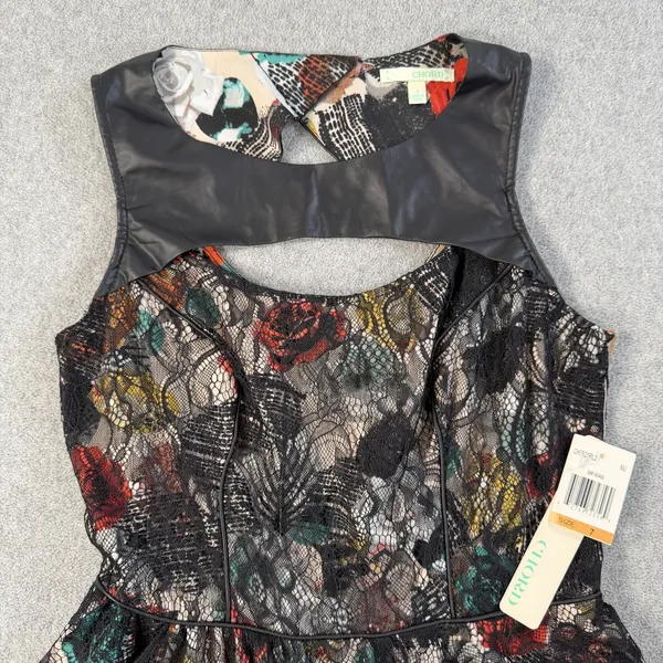 CHORD Juniors Size 7 Black Multi-Color Floral Lace Sleeveless Fit & Flare Dress - Image 2