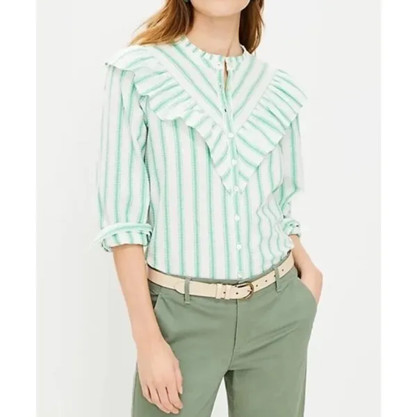 LOFT Green Striped Ruffle Long Sleeve Button Blouse M Cotton Top Peasant Modest - Image 2