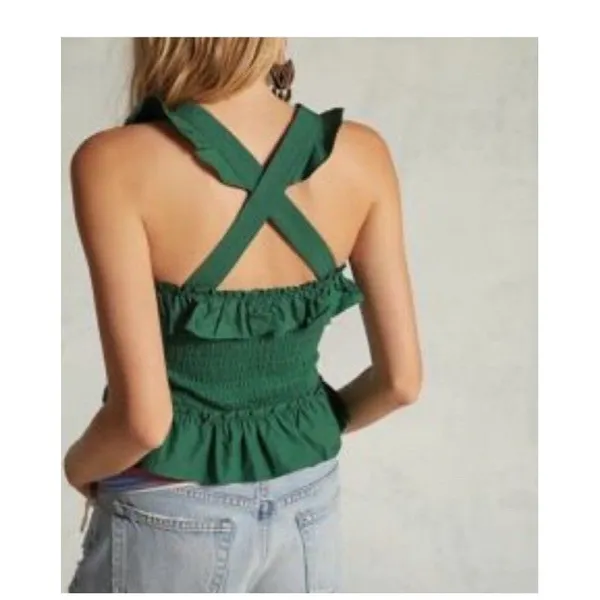 Anthropologie Green Smocked Ruffle CamisolTank Top Square Neck Sleeveless SizeL - Image 2
