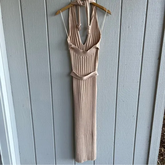 NICHOLAS Plunge‎ Neck Ribbed Cotton Knit Dress Neutral Beige Size M - Image 6