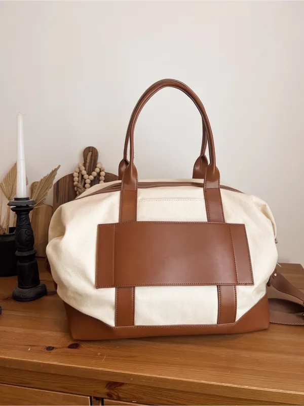 Canvas Weekender Bag with Brown Leather Trim - Image 5