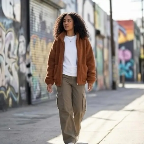 Brown Teddy Sherpa Fleece Zip Jacket Oversized Y2K Gorpcore S - Image 2