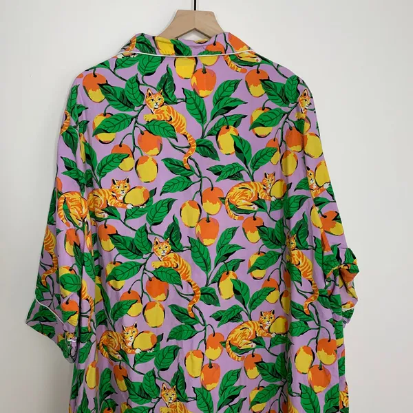 Printfresh Orange Cat & Fruit Purple Long Sleeve Pajama Rare Womens Dress 3XL - Image 5