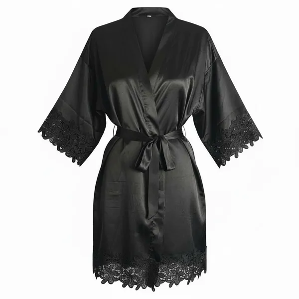 Black Bridesmaid Satin Lace Kimono Robe‎ With Tie Sash Large - Image 4