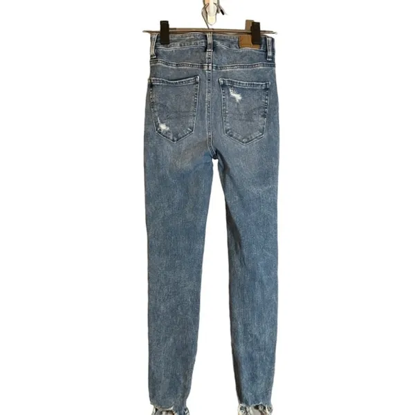 American Eagle Women’s Blue Distressed Shark Bite Fringe Denim Jeans Size 0R - Image 2