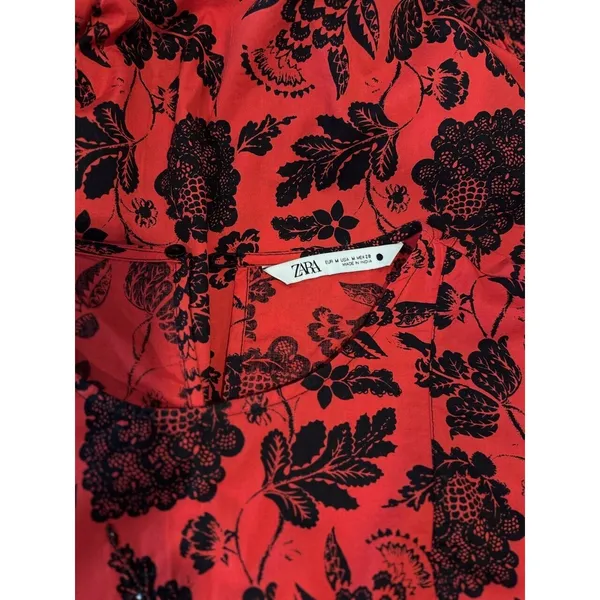 ZARA Womens Dress Red Midi Floral Shift Sequin Tiered 3/4 Sleeve Boho Medium - Image 3