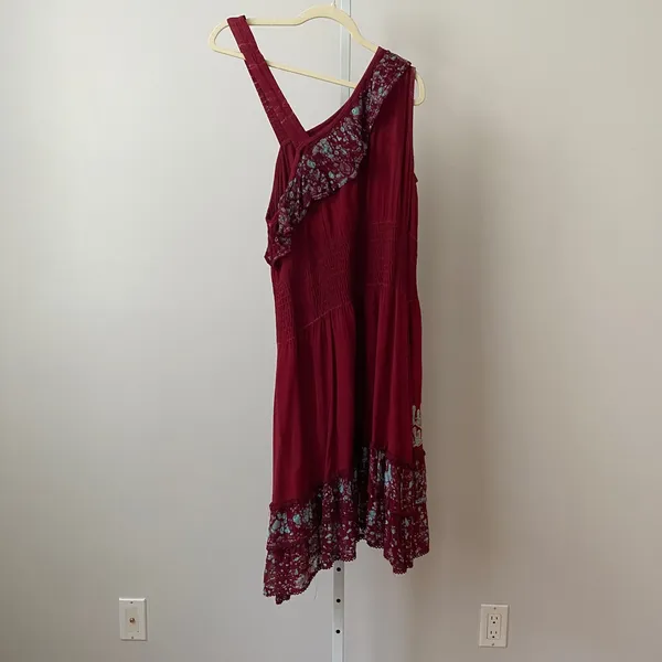 Fashion Terminal Cotton Boho Lagenlook Peasant Smocked Midi Dress OS Red - Image 6