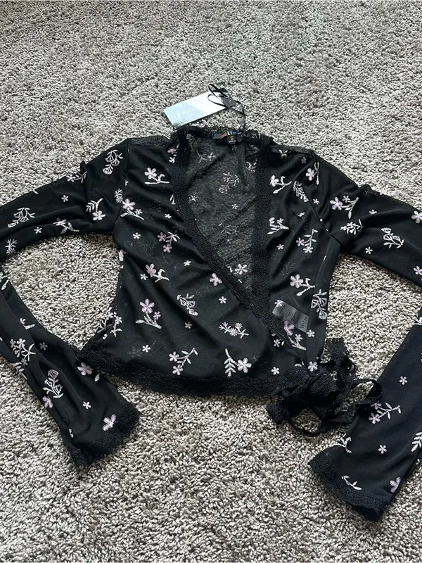 dELiA*s Black Sheer Floral Embroidered Wrap Top - Image 2