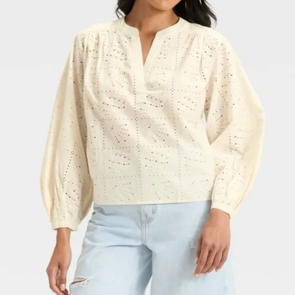 Women's Long Sleeve Popover Blouse‎ - Universal Thread™ Cream L - Image 6