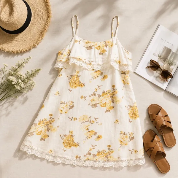Universal Threads Womens Floral Linen‎ Blend Lace Trim Ruffle Mini Dress White S - Image 2
