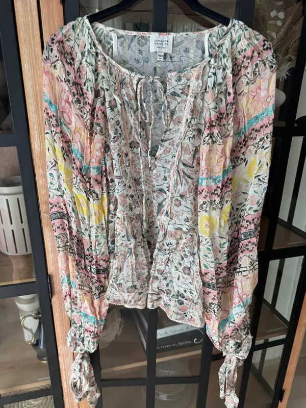 Hemant & Nandita blouse top long sleeve tie front mixed print floral patchwork - Image 7