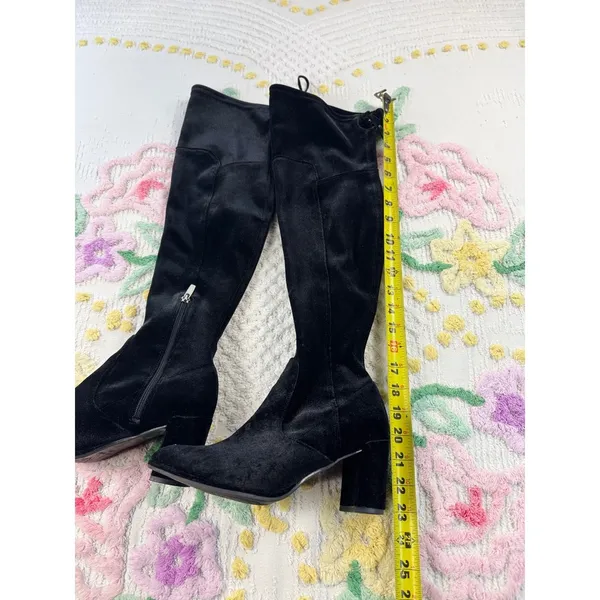 Marc‎ Fisher Black Velvet Over The Knee Block Heel Boots Size 6.5M Tie Back Zip - Image 5