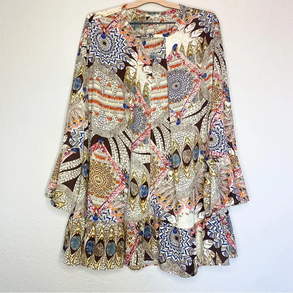 Umgee Bohemian Multicolor Printed Bell Sleeve Ruffle Hem Mini Dress Size L - Image 3