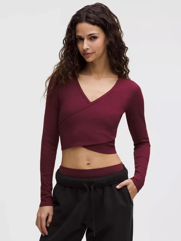 Lululemon Nulu Ribbed Wrap-Front Long Sleeve Shirt Heart Sleeve Burgundy Bay - Image 8