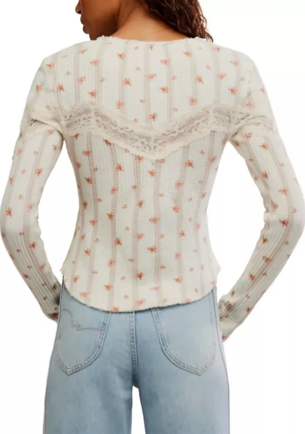 Free People Lets Party Cardi Floral lace trim cotton Waffle Knit Square Neck Long Sleeve Button Front Top - Image 2