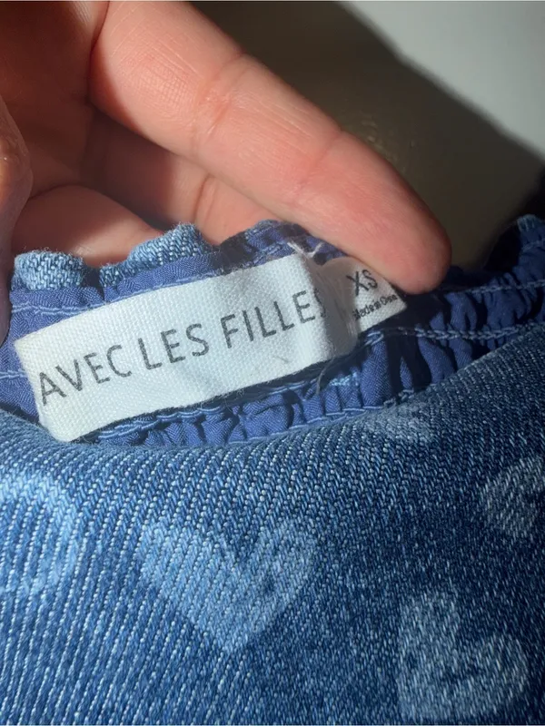 Avec Les Filles Heart Print Denim Mini Dress Bow Back Puff Sleeve XS $149 - Image 7
