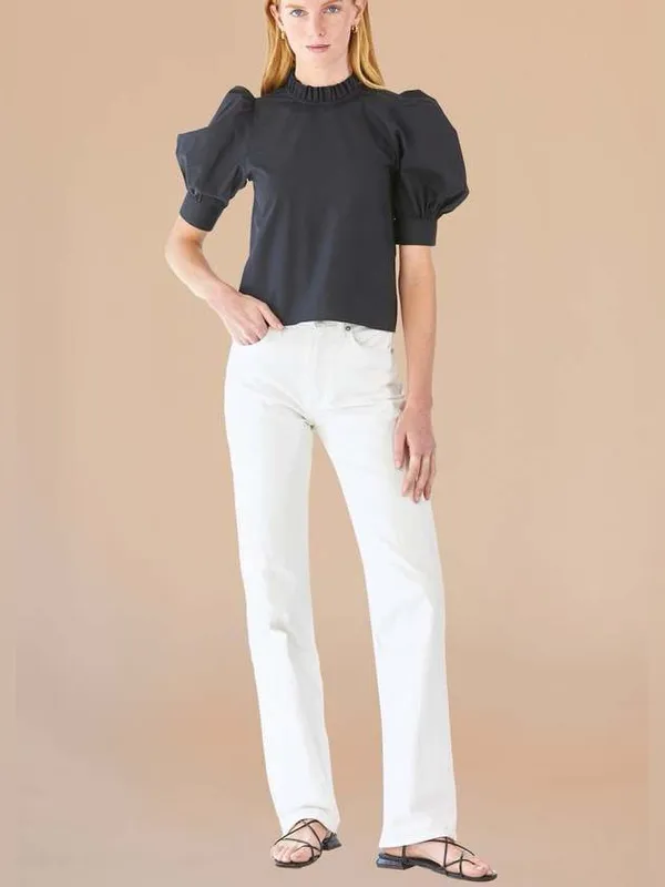 Hunter Bell Stella Top Black Puff Sleeves Ruffle Neck Poplin Blouse Size M - Image 9