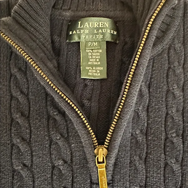 Ralph Lauren Navy 1/4 Zip-Up mock neck cable knit Sweater szPM - Image 3