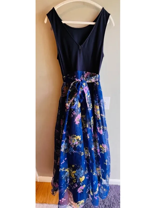 ModCloth Navy Blue Sleeveless Maxi Dress with Floral Organza Overlay and Waist S - Image 9