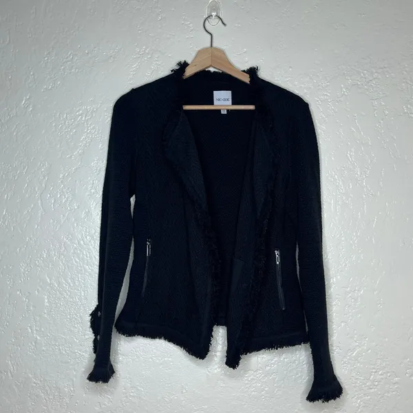 NIC+ZOE Womens Black Fringe Trim Open Front Knit Jacket XS Snap Cuff Pocket - Image 2