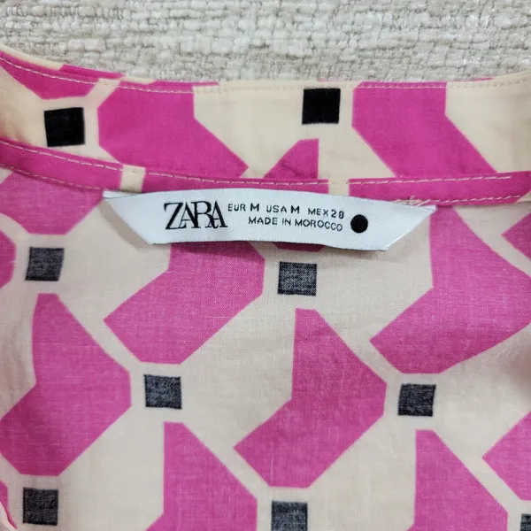 Zara Geometric Babydoll Dress Womens Medium Pink High Low Tunic Tiered Loose Fit - Image 2